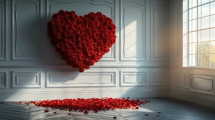 Valentine's Day roses,realistic red roses arranged in a large heart shape frame layout against a wall centered and a small amount of rose petals on the floor in a white room digital background