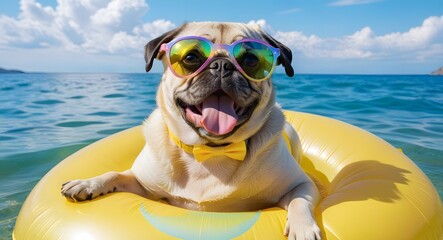 Cheerful dog swims in the sea on an inflatable ring