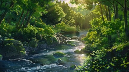 Fototapeta premium Serene anime river scene, flowing through lush forest, sunlit and tranquil, picturesque setting