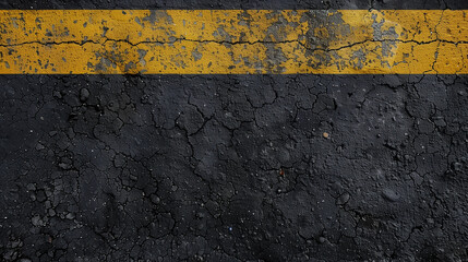 A black and yellow road with a faded line. The faded line is the only thing that is clearly visible