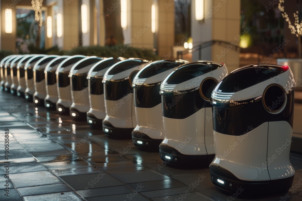 Poster row of modern white robots in indoor high tech environment with metallic and reflective surfaces