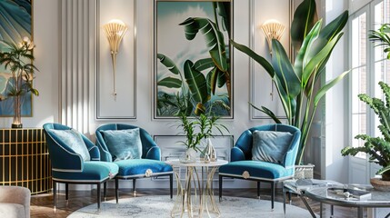 Sophisticated interior with blue chairs, indoor plants, and botanical art, combining elegance and comfort in design
