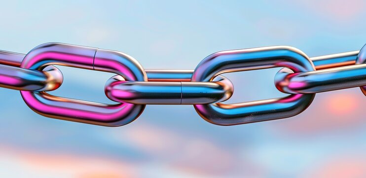 A series of iron chains exposed to pink and blue light on a blue background