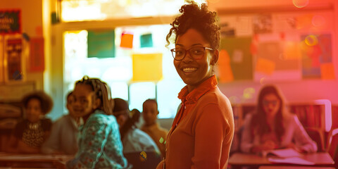 Fototapeta premium A teacher stands in front of her classroom, smiling warmly as she helps a student with their work, fostering a sense of community and learning
