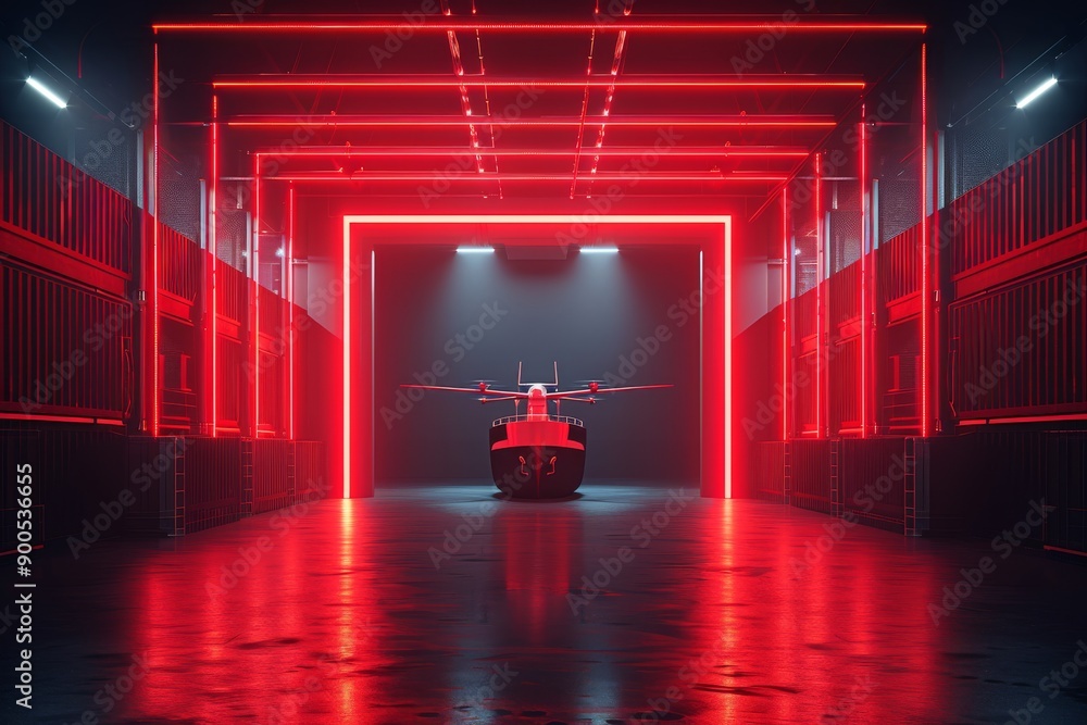 Poster autonomous red robot in a futuristic neon lit industrial corridor creating an advanced high tech sce