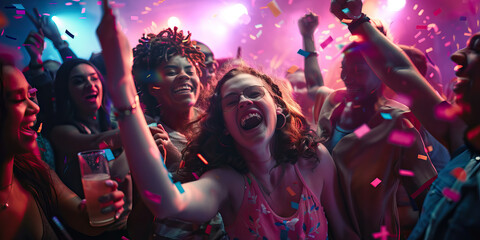 A group of people laugh and dance together at a lively party, the music filling the room and bringing them all together