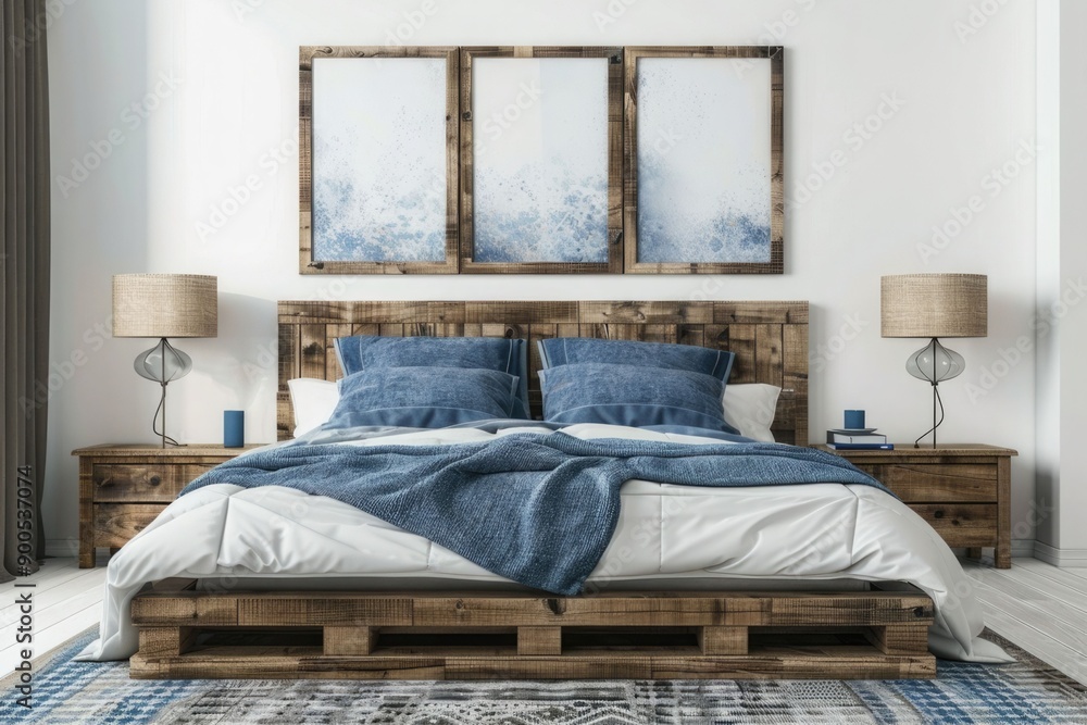 Wall mural Rustic wooden bed with blue pillows and two bedside cabinets against white wall with three posters frames. Farmhouse interior design of modern bedroom.
