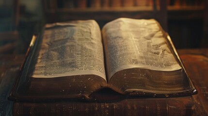 Obraz premium A personable open book sits atop a simple wooden table, perfect for reading or as a decorative piece