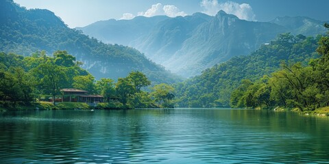 Naklejka premium Serene Mountain Lake Landscape with Lush Vegetation and Calm Waters