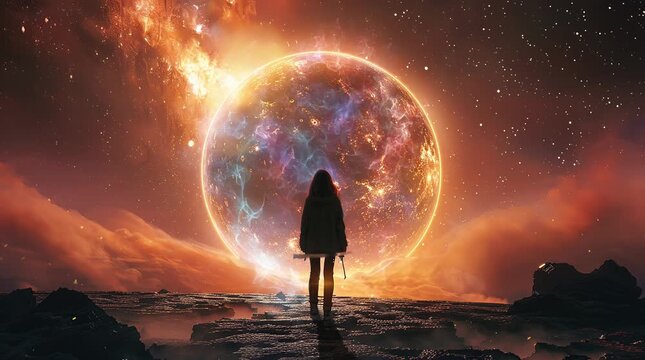 Girl walking towards a glowing portal in a fantastical landscape, creating a sense of wonder and adventure
  Seamless looping 4k time-lapse virtual video animation Generated AI