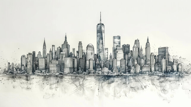 A city skyline with a large building in the middle. The city is shown in black and white