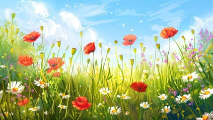 A Vibrant Summer Meadow Filled With Colorful Wildflowers and Bright Poppies Illuminated by Sunlight