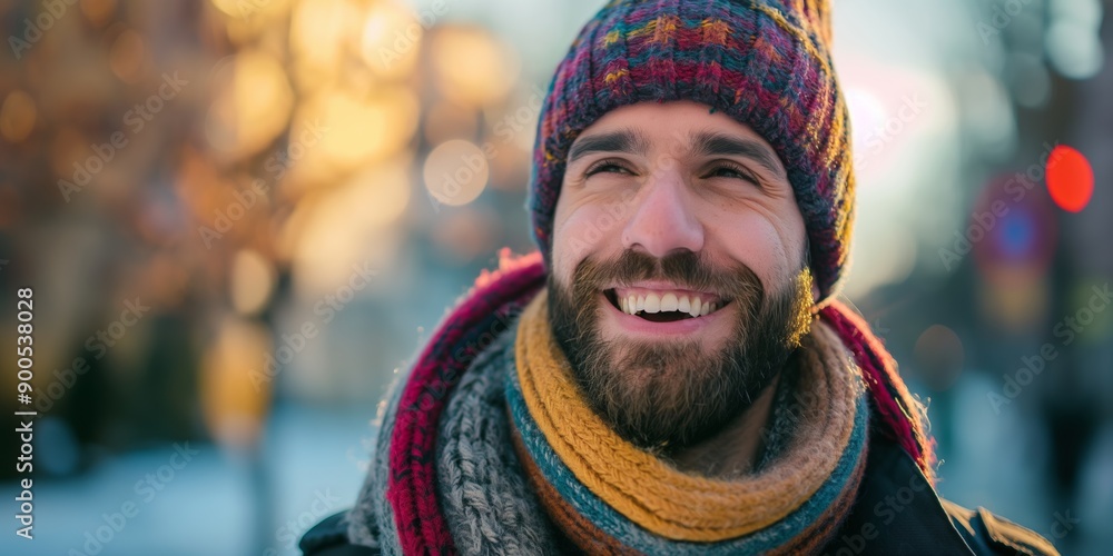 Wall mural A man with a beard and a colorful hat is smiling and wearing a scarf. He looks happy and content