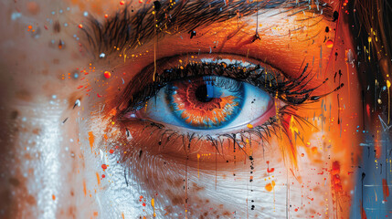 A woman's eye with a blue and orange color. The eye is surrounded by a lot of paint splatters