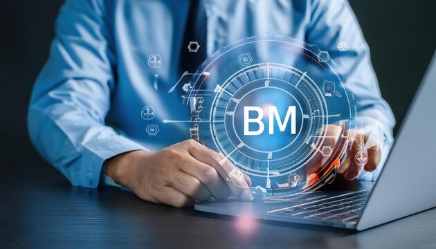 BPM, Business Process Management Concept. A businessman works on a laptop with virtual icons representing business process management, various elements of business strategy, efficiency, and workflow.