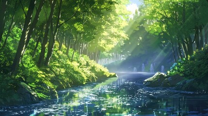 Obraz premium Tranquil river in anime style, lush forest surroundings, sunlight illuminating the serene scene