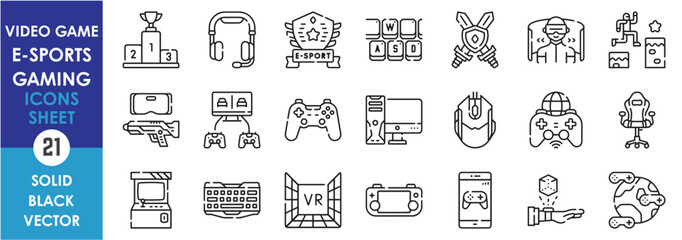 A set of line icons related to video game, e-sports, and gaming. Console, headphone, virtual reality, keyboard, mouse, computer, online and so on. Vector outline icons set. © Parbat