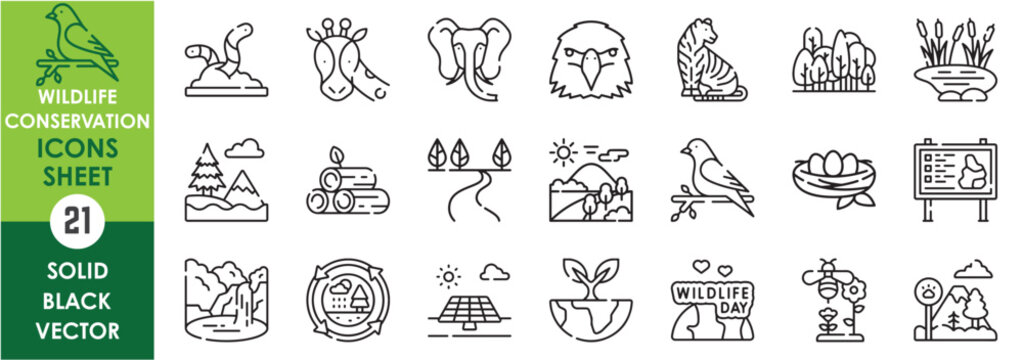 A set of line icons related to wildlife conservation. Wild, animals, tiger, elephant, eagle, pond, forest, eco system, nest, bees, national parks and so on. Vector outline icons set. - Powered by Adobe