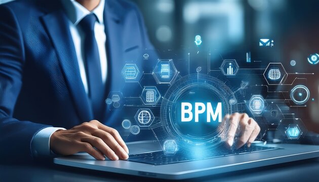 BPM, Business Process Management Concept. A businessman works on a laptop with virtual icons representing business process management, various elements of business strategy, efficiency, and workflow.