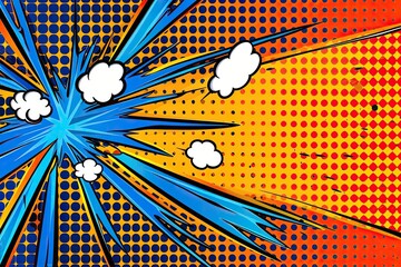 Dynamic pop art explosion with colorful dots and comic book style design elements. Blue and yellow-orange background with action effect.
