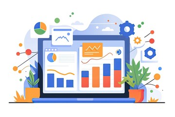 Illustration of a laptop displaying data analytics and graphs, surrounded by plants and gears, representing business growth and analysis.