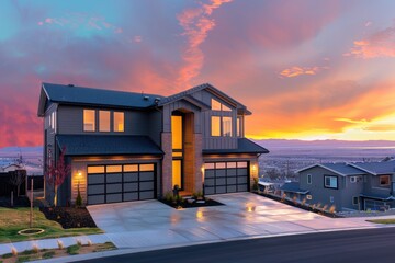 Modern two-story house with large windows and garage, glowing at sunset with a vibrant sky in a suburban neighborhood.