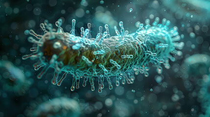 Fototapeta premium A close up of a virus with a blue background. The virus is surrounded by water droplets and he is floating in the air