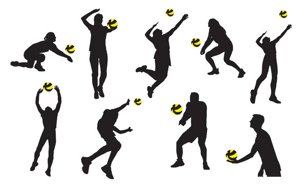 Volleyball players silhouettes game elements