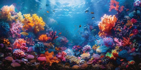 Naklejka premium Vibrant Underwater Coral Reef Teeming with Marine Life