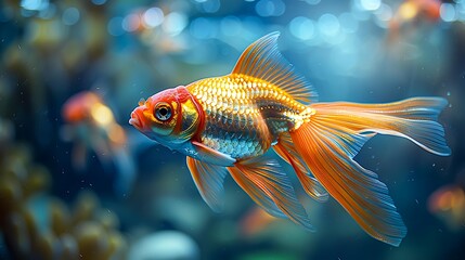 An elegant goldfish with bright orange and silver scales swims gracefully in a beautifully lit aquarium, making it perfect for aquatic-themed designs, pet care publications