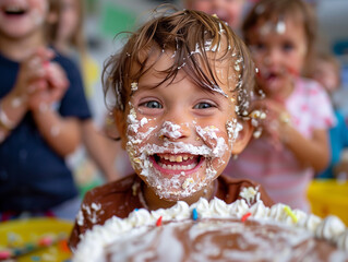 A candid moment at a birthday party with children, featuring a child in a yellow top with cake or frosting smeared on it, capturing the joy and messiness of the celebration