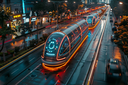 A sleek and futuristic train speeding through a station with a dynamic blur effect created by long exposure, set against a backdrop of a city at night with vibrant neon lights