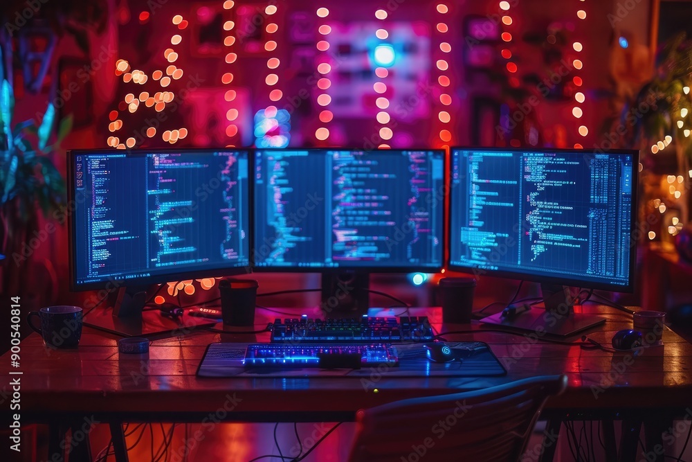 Poster a gaming setup with three monitors and a lit keyboard in a dimly lit room