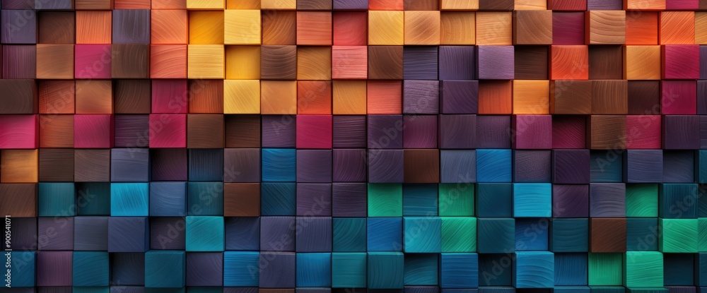 Poster colorful wooden cubes forming abstract color gradient background displaying vibrancy and artistic de