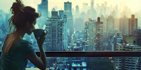 A woman enjoying a cup of coffee on her balcony, overlooking a bustling city skyline.