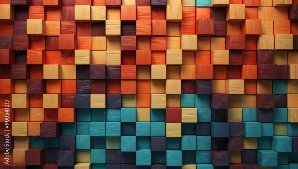 Poster colorful wooden cubes forming abstract color gradient background displaying vibrancy and artistic de