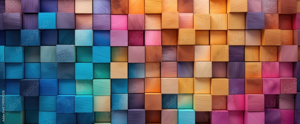 Poster colorful wooden cubes forming abstract color gradient background displaying vibrancy and artistic de