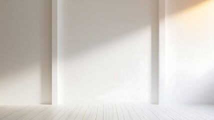 A serene and minimal scene is set against the backdrop of white walls. Illuminated by soft diffused natural light that casts no harsh shadows, with a subtle gradient of warm tones at the top evokes