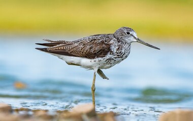 Common Greenshank (Tringa nebularia) is a wetland bird that lives in Africa, Europe and Asia. It usually feeds on fresh water.