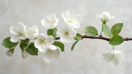Fototapeta premium Cherry blossom branch, delicate white flowers, fresh green leaves, botanical illustration, soft lighting, white textured background, spring blossoms, floral arrangement.