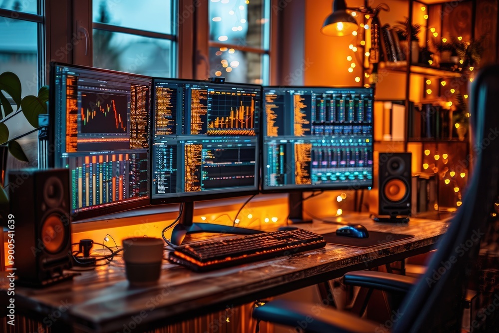 Poster a modern home office setup with multiple monitors a keyboard a mouse and a gaming chair.