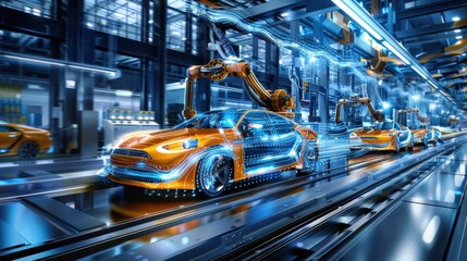 Naklejka premium Automated Car Assembly Line with Robotic Arms and Digital Data Stream