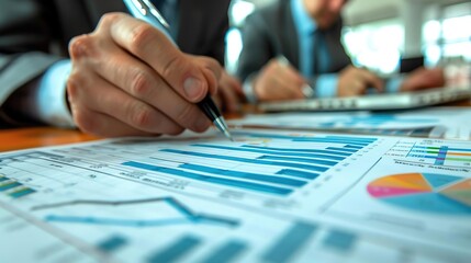 Close-up of a Hand Analyzing Charts and Graphs, Business Analyst Reviewing Financial Data Photo