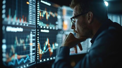 Businessman Analyzing Stock Market Data on Multiple Monitors - Photo