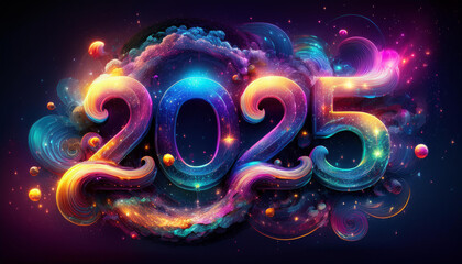 カレンダー。2025年を想像しながら、数字が輝くSFとファンタジーの世界に思いを馳せる。宇宙とギャラクシーの広大な広がりを背景に、コスモがカラフルな彩りと高い彩度で発光し、未来の明るい希望にワクワクが止まらない。