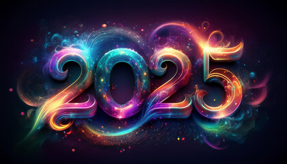 カレンダー。2025年を想像しながら、数字が輝くSFとファンタジーの世界に思いを馳せる。宇宙とギャラクシーの広大な広がりを背景に、コスモがカラフルな彩りと高い彩度で発光し、未来の明るい希望にワクワクが止まらない。