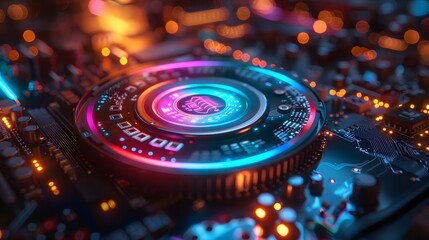 Close-up of open hard drive, rainbow reflection on disk platter, circuit board background, neon lighting, computer internals, tech components, cyberpunk aesthetic.