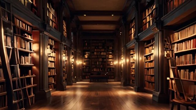 Dark and Grand Library with Wooden Bookshelves and Dim Lighting