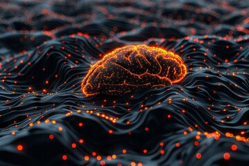 Glowing orange brain on dark wavy surface representing neural connections