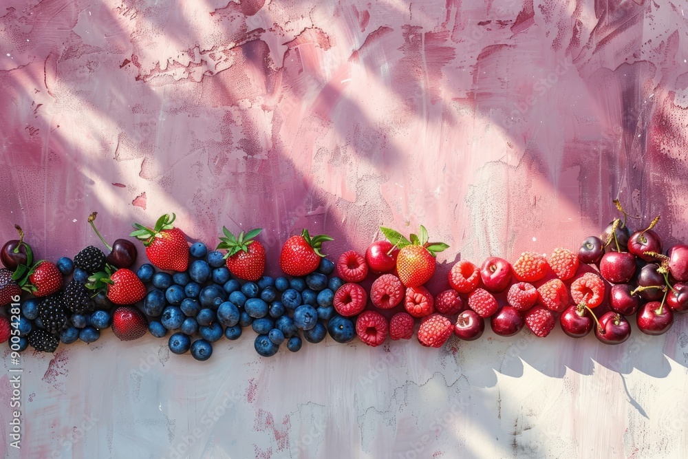 Poster assorted berries arranged in a row on a pink textured background